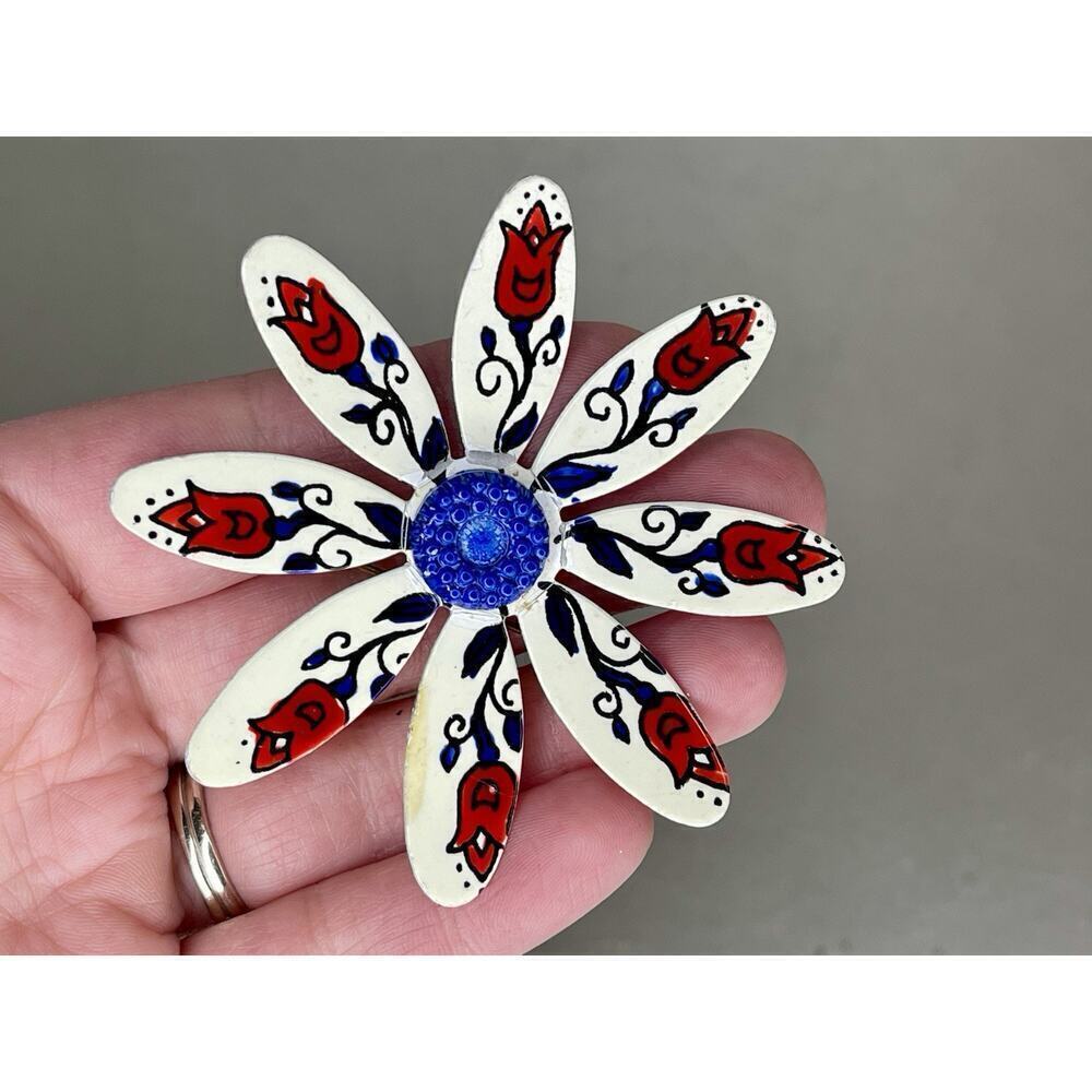Vintage West Germany Daisy Flower Brooch Pin White Red Hand Painted Enamel